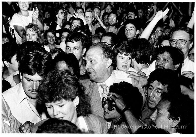 B+W photo of mayoral candidate Tom Vezzetti with supporters on election night, Hoboken, [June 11, 1985]. picture number 1