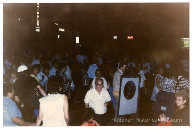 Color photo of supporters of mayoral candidate Tom Vezzetti in front of City Hall on election night, Hoboken, [June 11, 1985]. picture number 1