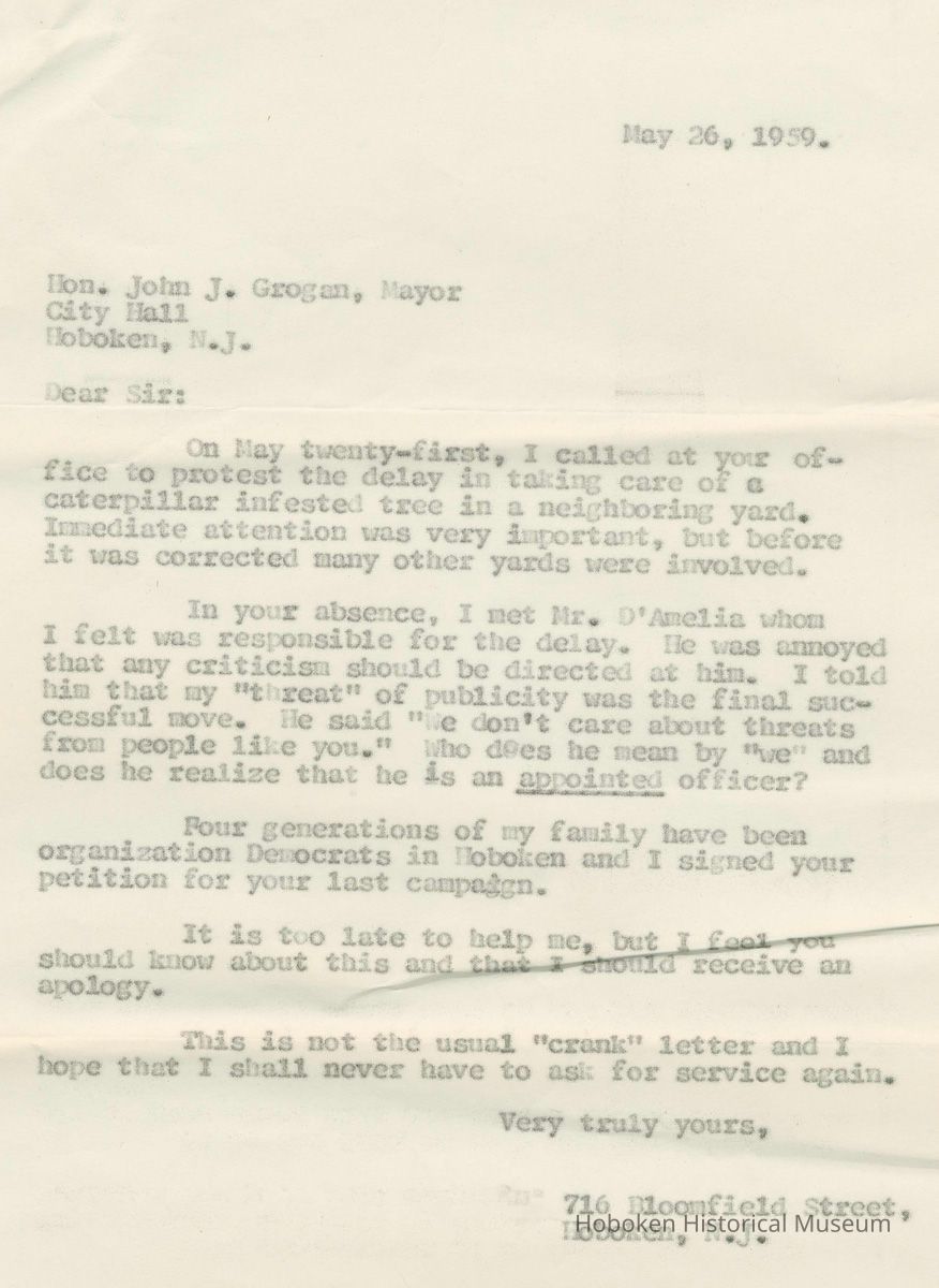 Typed letter to Hoboken Mayor Grogan from Florence Miller re infested trees and her treatment at City Hall when requesting help, May 26, 1959. picture number 1