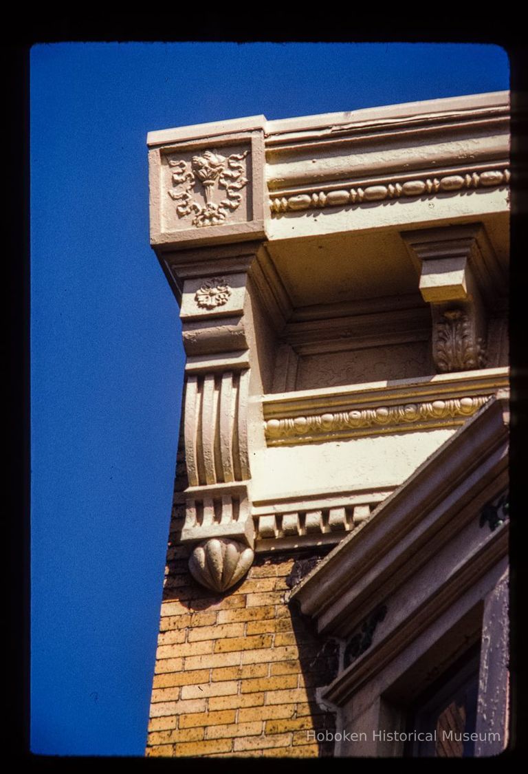 Color slide of detail view of cornice, brackets, dentils, frieze and bay window at 829 Garden between 8th and 9th picture number 1