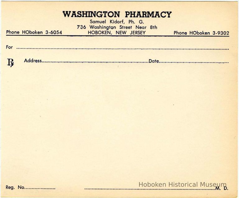 Blank printed prescription form from Washington Pharmacy, 736 Washington Street, Hoboken, no date, ca. 1950-1960. picture number 1