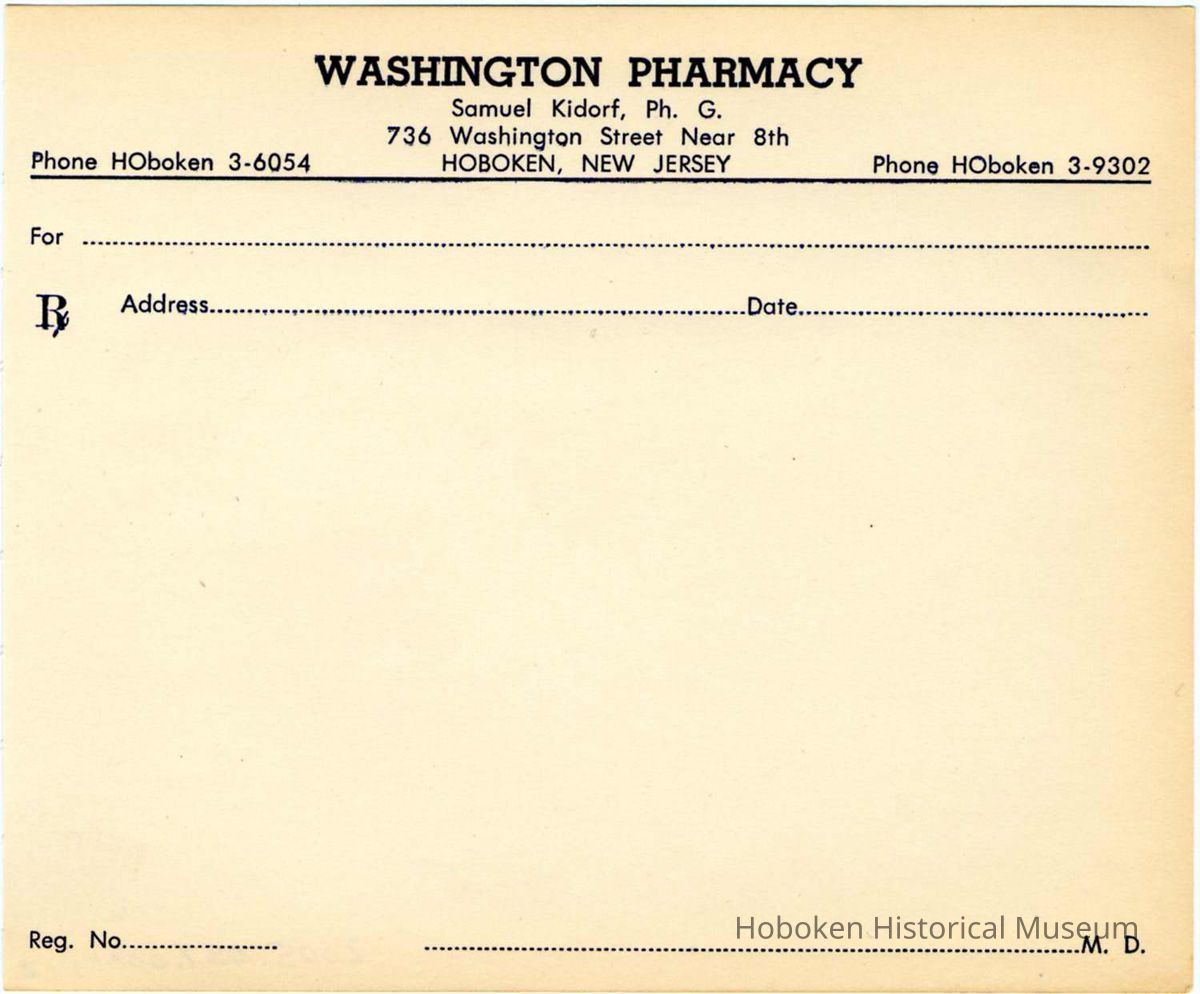 Blank printed prescription form from Washington Pharmacy, 736 Washington Street, Hoboken, no date, ca. 1950-1960. picture number 1