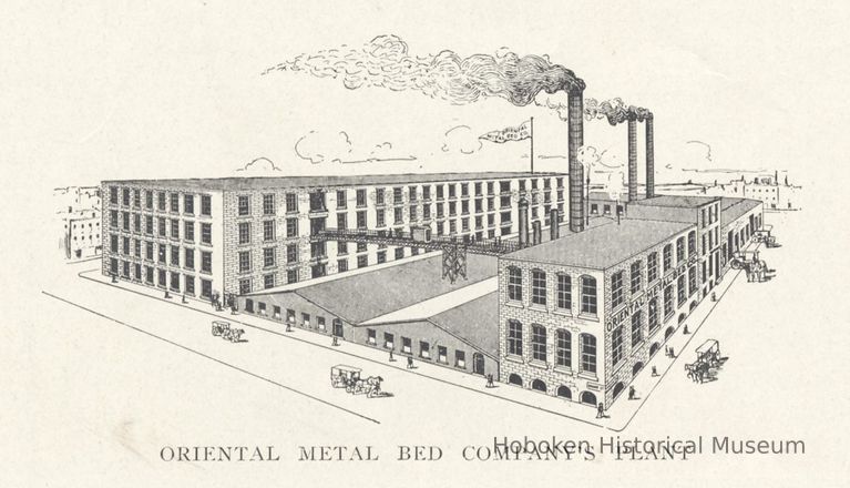 Printed B+W photograph of line drawing of Oriental Metal Bed Company, Clinton, Eighth & Grand Streets, Hoboken, no date, ca. 1906-1908. picture number 1