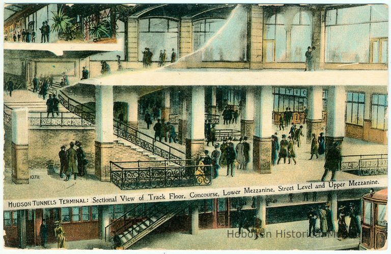 Digital image of Hudson & Manhattan R.R. postcard titled: Hudson Tunnels Terminal, Sectional View of Track Floor, Concourse,..., n.d., ca. 1909. picture number 1