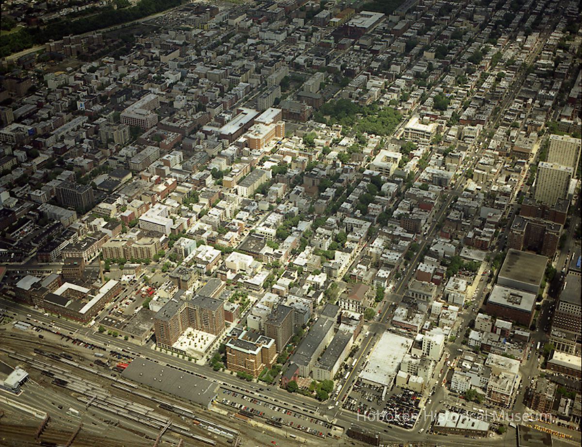 Digital reference image of color aerial view of Hoboken, June 6, 2003. Image number 8575. Photographer, Lee Ross, 