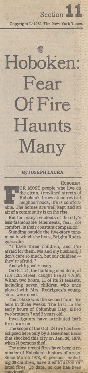 pg 1 top half of article at right - Hoboken: Fear of Fire Haunts Many