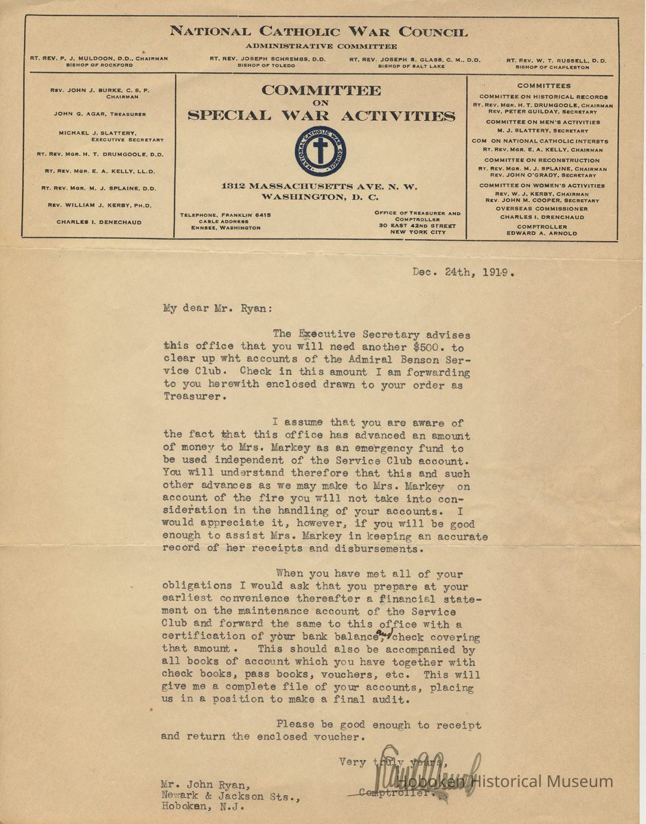 TLS from Edward Arnold, National Catholic War Council to John Ryan, Hoboken, Dec. 24, 1919, re monies related to Admiral Benson Service Club. picture number 1