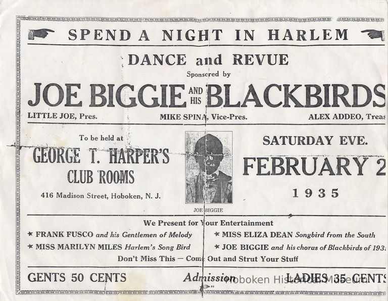 Handbill: Spend a Night in Harlem Dance and Revue, Joe Biggie & His Blackbirds, Hoboken, Feb.2(?), 1935. picture number 1