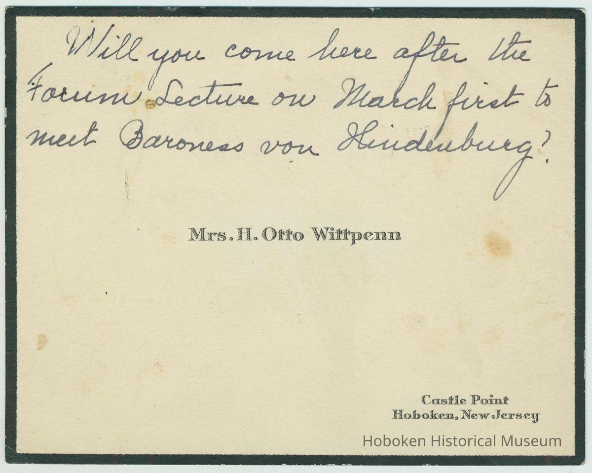 Engraved calling card of Mrs. H. Otto Wittpenn with holographic ink note, Hoboken, no date, ca. 1925. picture number 1