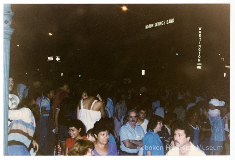 Color photo of supporters of mayoral candidate Tom Vezzetti in front of City Hall on election night, Hoboken, [June 11, 1985]. picture number 1