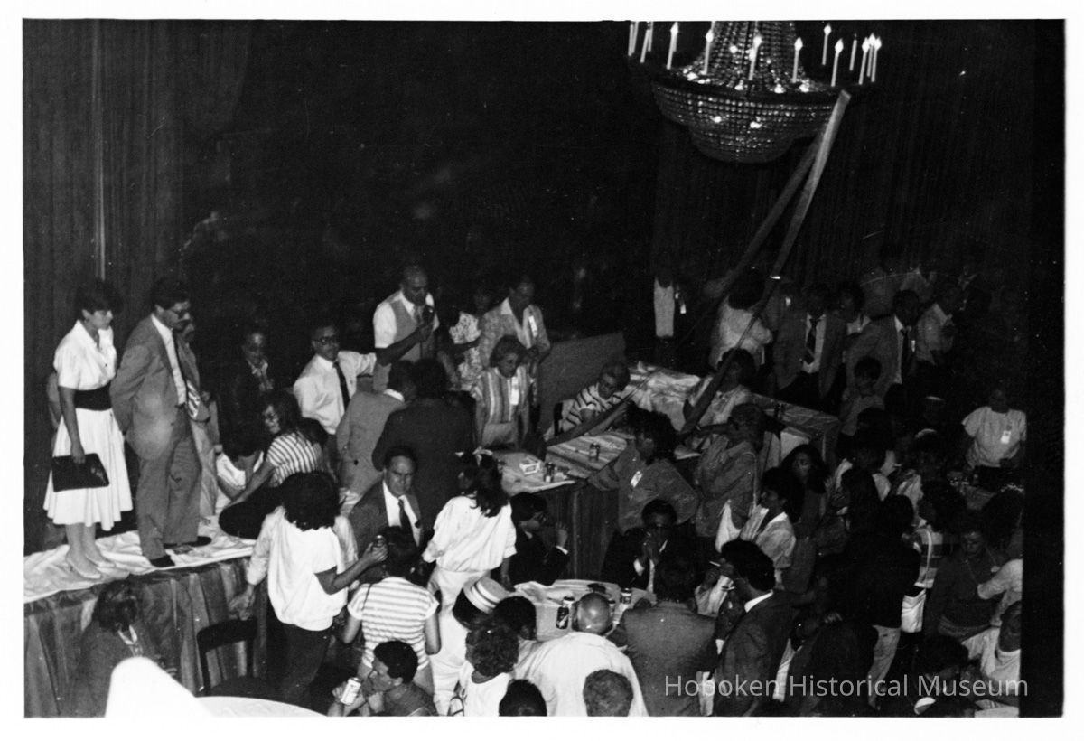 B+W photo of Tom Vezzetti speaking to campaign supporters in Union Club ballroom on election night, Hoboken, [June 11, 1985]. picture number 1