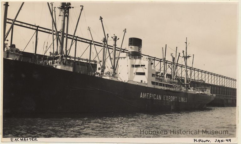 B+W photo of S.S. Exchester of American Export Lines at a Hoboken pier, Jan. 1949. picture number 1