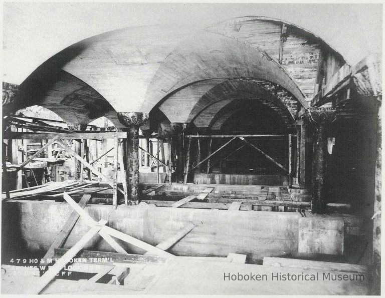 B+W copy photo of a photo of arches under construction inside the Hoboken Terminal of Hudson & Manhattan Rail Road, Hoboken, June 20, 1906 or 1907. picture number 1