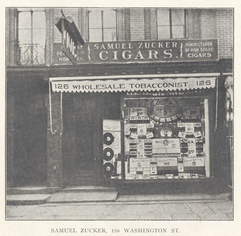 Printed B+W photograph of Samuel Zucker Cigars, retail & wholesale tobacconist, 126 Washington St., Hoboken, no date, ca. 1906-1908. picture number 1