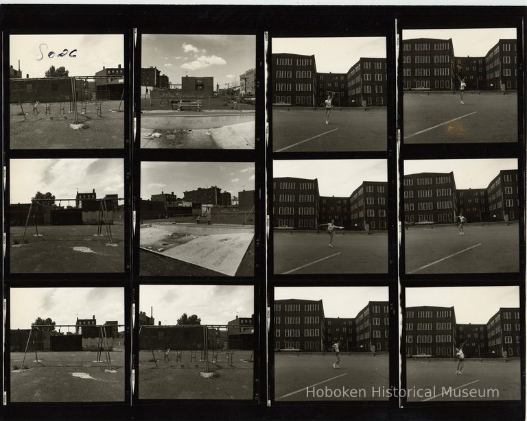 B+W negative contact sheet of images of Hoboken taken by John Conn. no date, [1976]. picture number 1