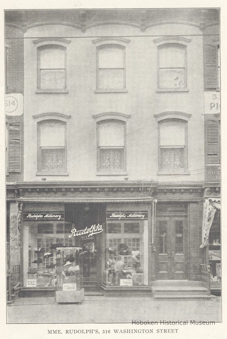 Printed B+W photograph of Mme. Rudolph's Millinery House, 516 Washington St., Hoboken, ca. 1906-1908. picture number 1