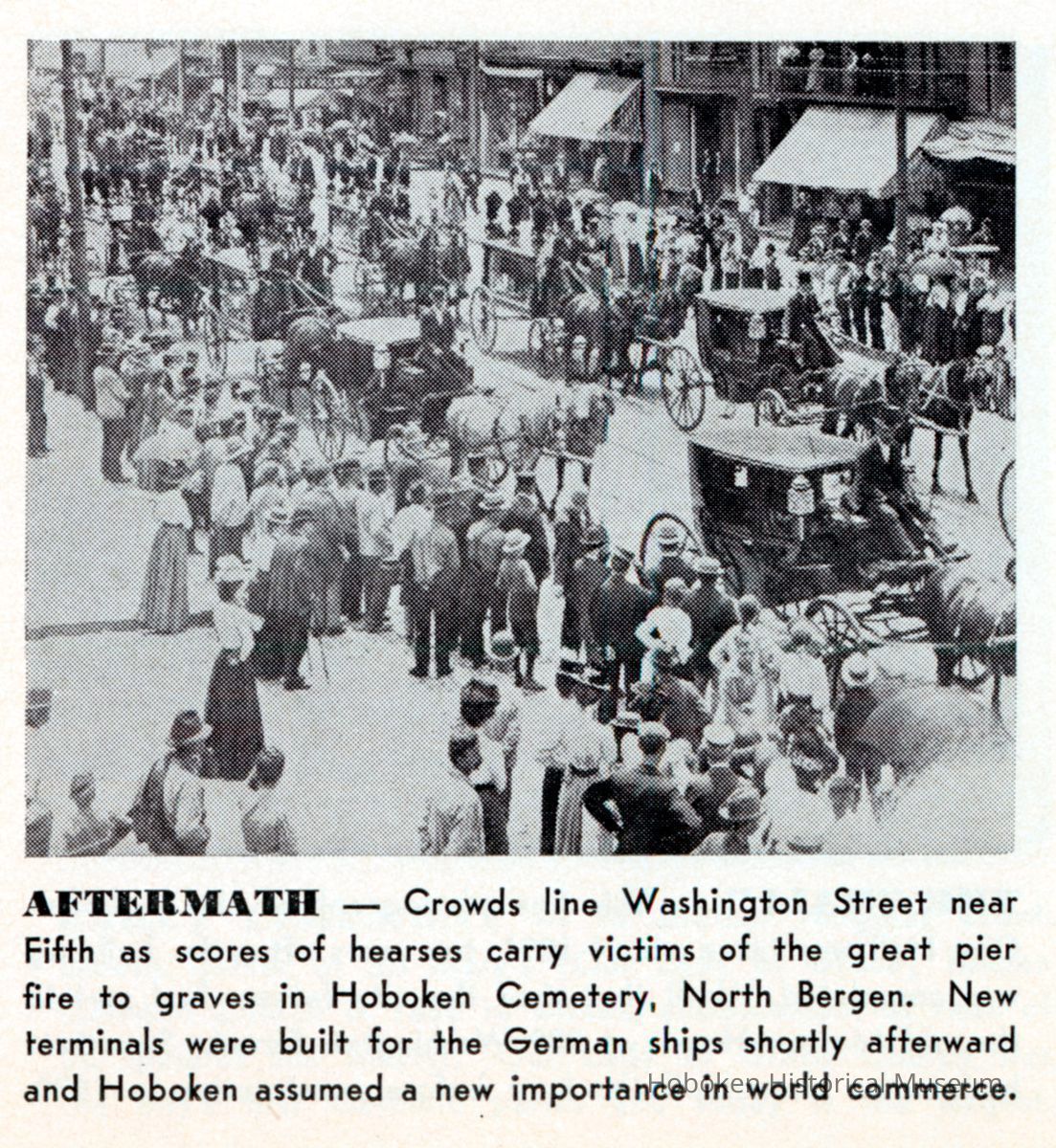 Reference image: Crowds lining Washington Street near Fifth St. as hearses carry 1900 pier fire victims to the Hoboken Cemetery, July, 1900. picture number 1