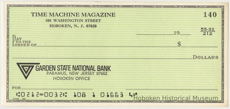 Bank check: Time Machine Magazine, 108 Washington St., Hoboken, N.J. 07030. Ca. 1976-1978. picture number 1