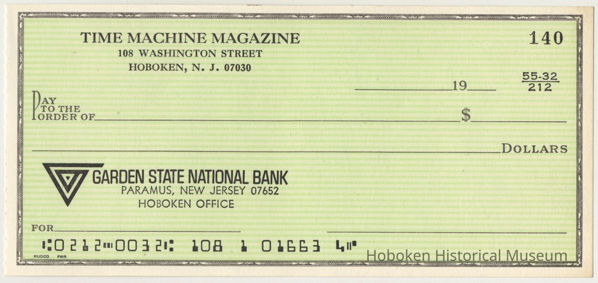 Bank check: Time Machine Magazine, 108 Washington St., Hoboken, N.J. 07030. Ca. 1976-1978. picture number 1