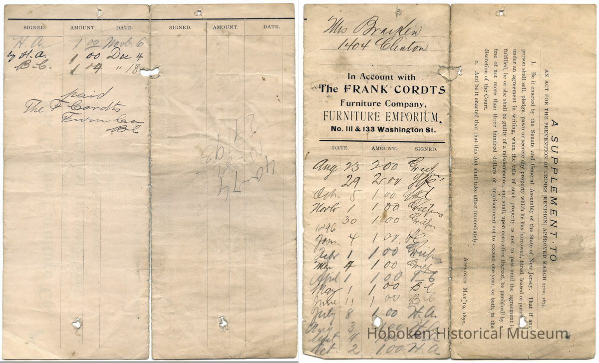 side 1 with account holder name, listing of purchases by date with amount