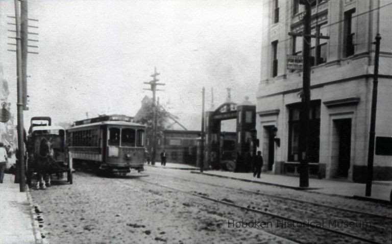 B+W photo of trolley on River Street near First St., Hoboken, n.d., ca. 1910-1915. picture number 1