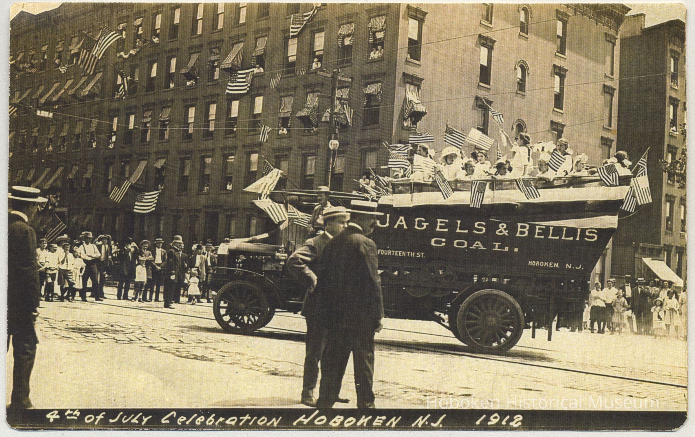 Fascimile (color photocopy) of a real photo postcard. 4th of July Celebration, Hoboken, N.J. 1912. picture number 1