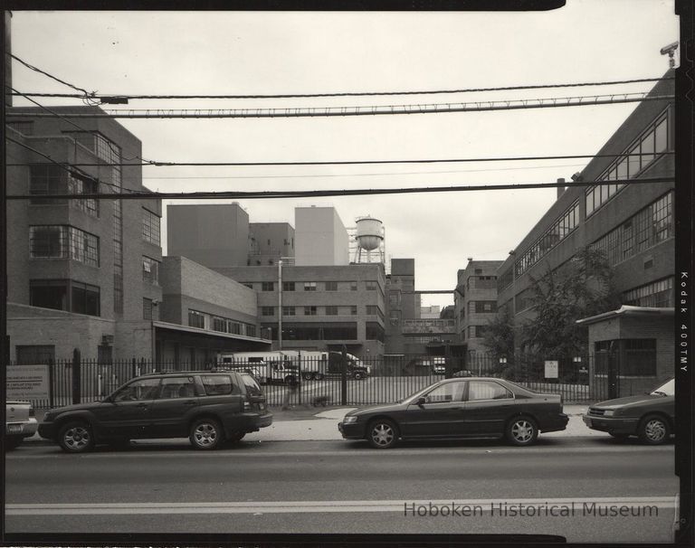 B+W photo of former Maxwell House Coffee plant exterior, overview looking east from Hudson St., Hoboken, 2003. picture number 1