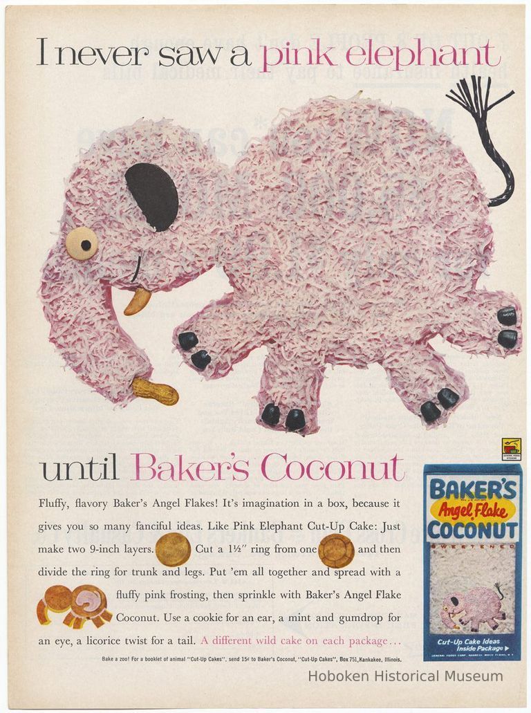 Baker's Coconut, pink elephant, unknown magazine, ca. 1961-1962