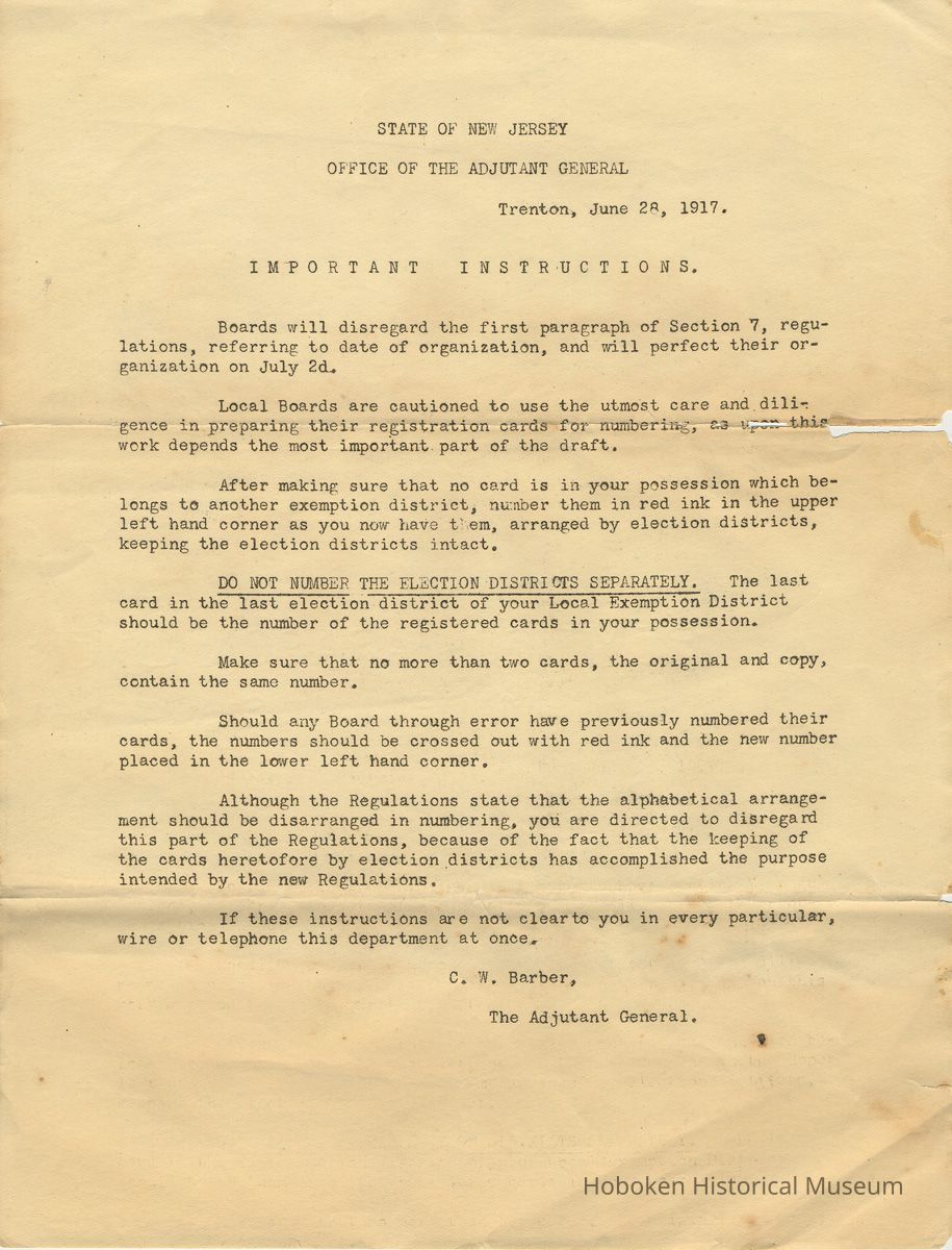 Doc 1:Trenton, June 28, 1917; Important Instructions