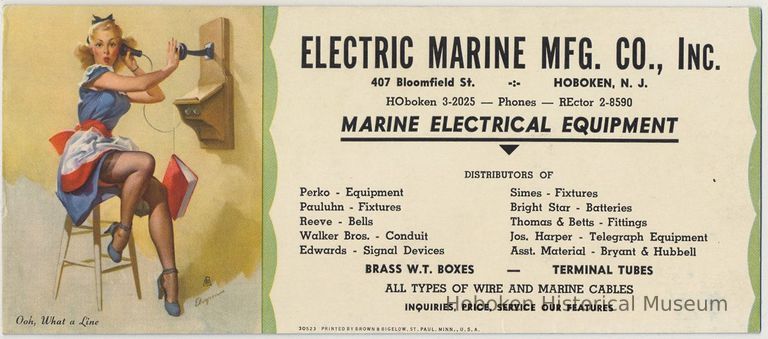 Blotter, ink: Electric Marine Mfg. Co., 407 Bloomfield St., Hoboken, no date, circa 1940-1950. picture number 1