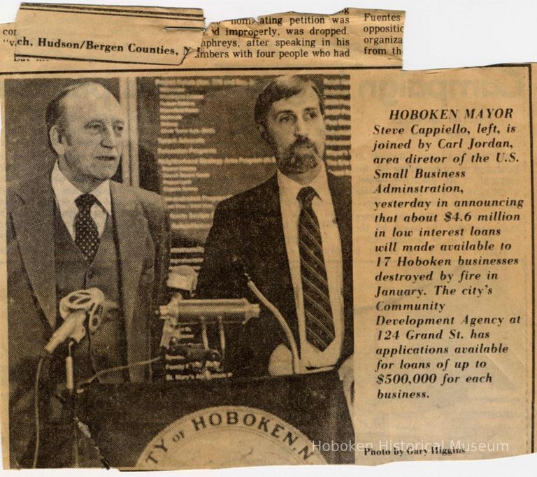 Digital image of newsclipping with photo of Mayor Steve Cappiello & Carl Jordan, U.S. Small Business Administration, Hoboken, March 7, [1985]. picture number 1