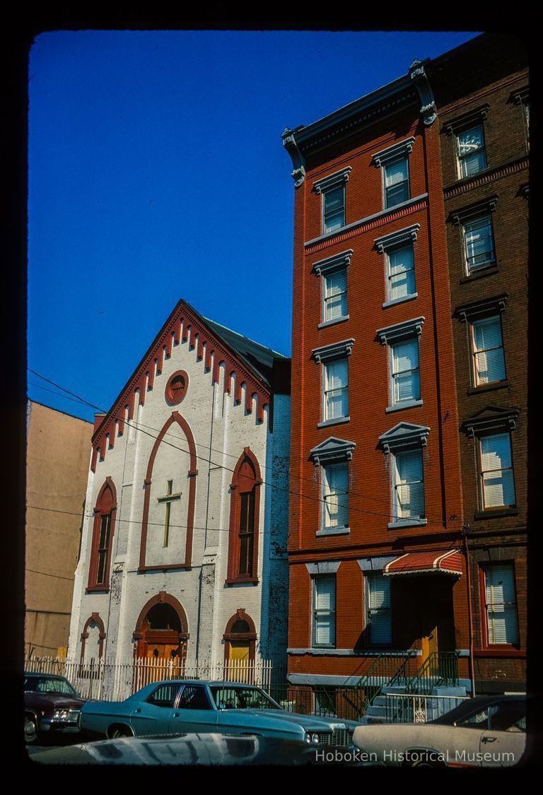 Color slide of eye-level view of façade of church building at 131 Garden and the row houses at 129 and 127 Garden picture number 1