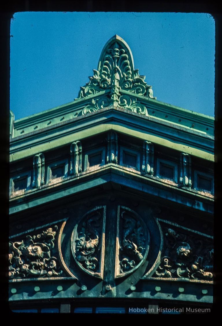 Color slide of detail view of the Lackawanna Terminal façade roofline showing pediment and cornice picture number 1