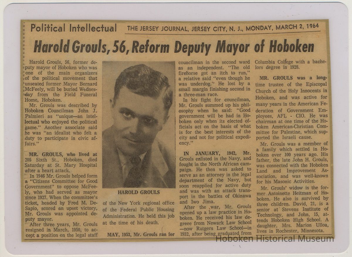 clipping 1: Jersey Journal March 2, 1964 with photo of Harold Grouls