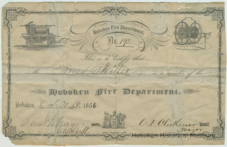 Certificate signed by C[ornelius]. V. Clickener (Hoboken's first mayor) certifying James Miller as member of the Hoboken Fire Department, 1856 picture number 1