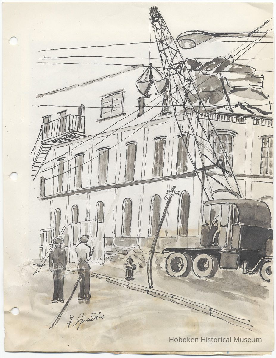 Drawing: Pencil study of the demolition of Stevens Hoboken Academy building by F. Guidici, Hoboken, no date, ca. late May,1976. picture number 1