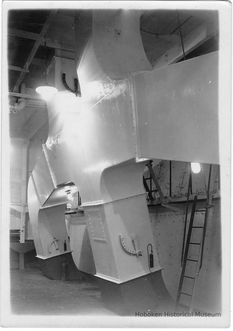 B+W photo of interior venting or ducts in an unknown ship, Hoboken, no date, ca. 1940. picture number 1