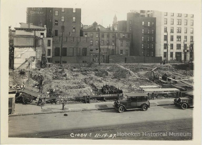 B+W photo of foundation preparation on the site for the Fabian Theatre, southeast corner of Newark & Washington Sts., Hoboken, Nov. 19, 1927. picture number 1