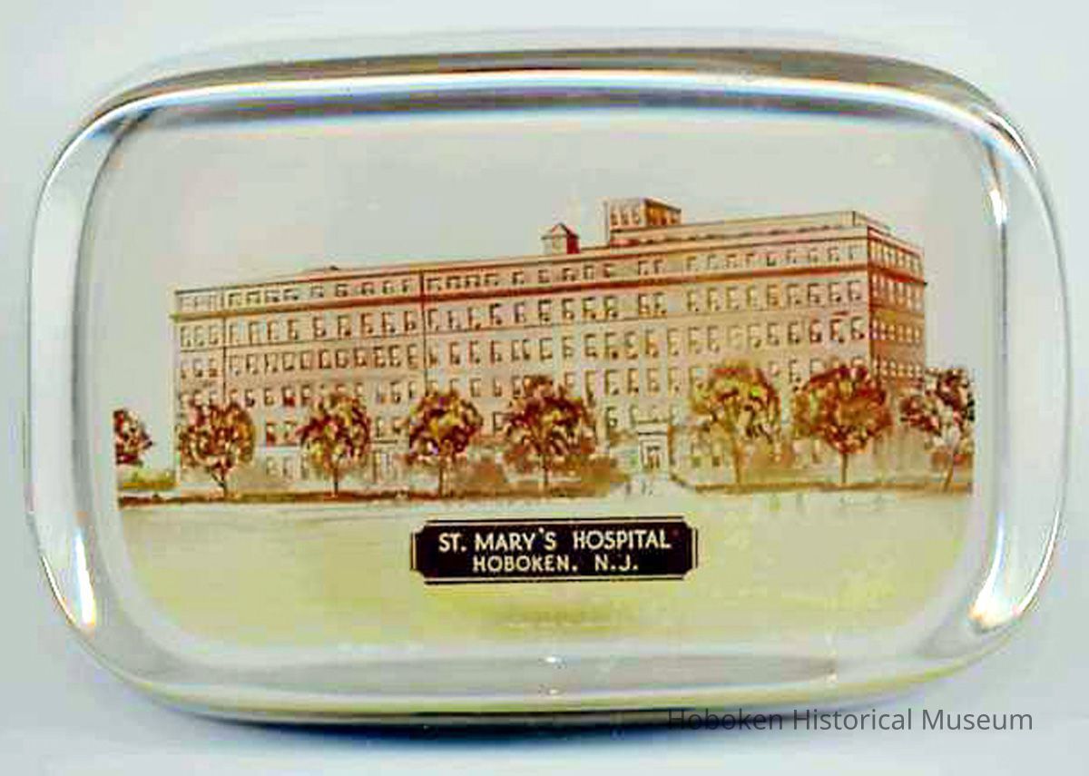 top view, St. Mary's Hospital glass paperweight