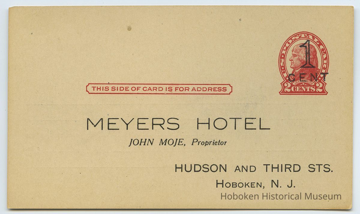 front: Meyers Hotel addressee; postage  -2 cent Jefferson, 1 cent overprint