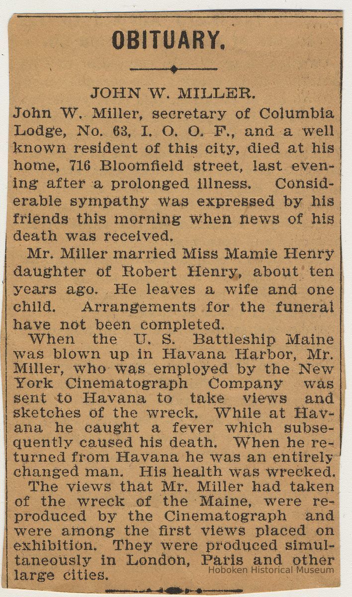 clipping 1: obituary, John W. Miller (probably Observer, Aug. 24-25, 1899)