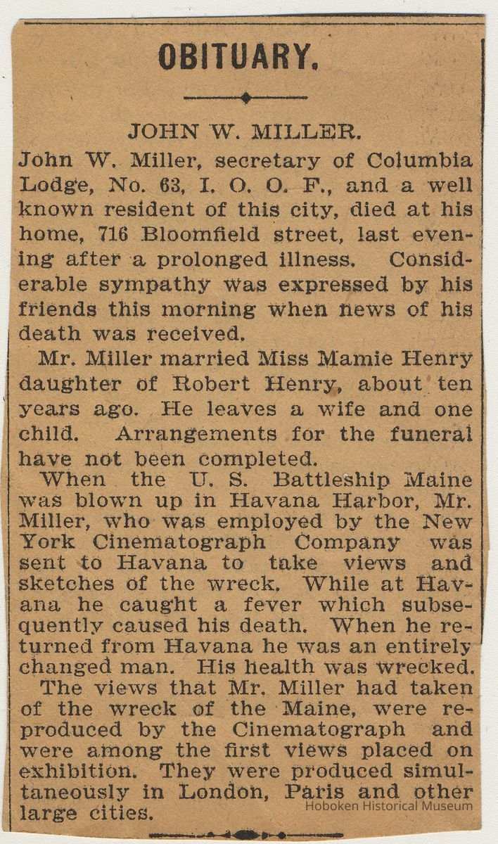clipping 1: obituary, John W. Miller (probably Observer, Aug. 24-25, 1899)