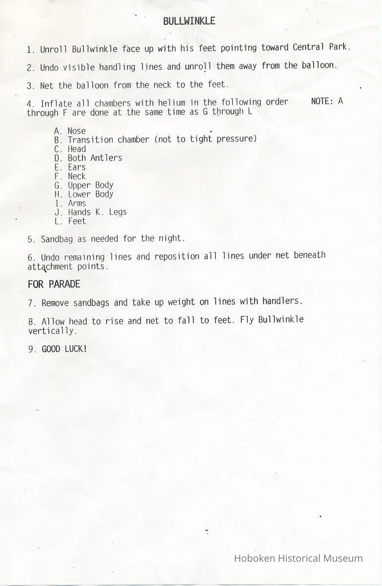 sheet 1, instructions for balloon set-up & inflation: Bullwinkle