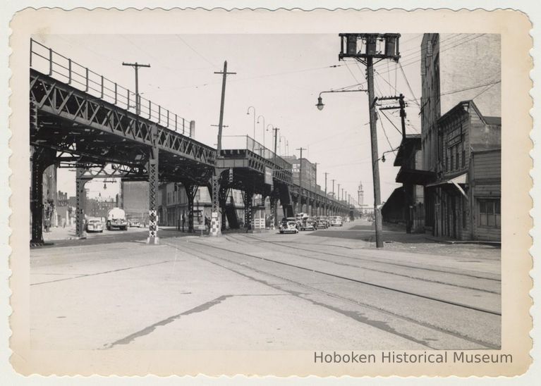 B+W photo of elevated streetcar station at Newark St., Observer Hwy. & Henderson St. Hoboken, Apr. 24, 1949. picture number 1