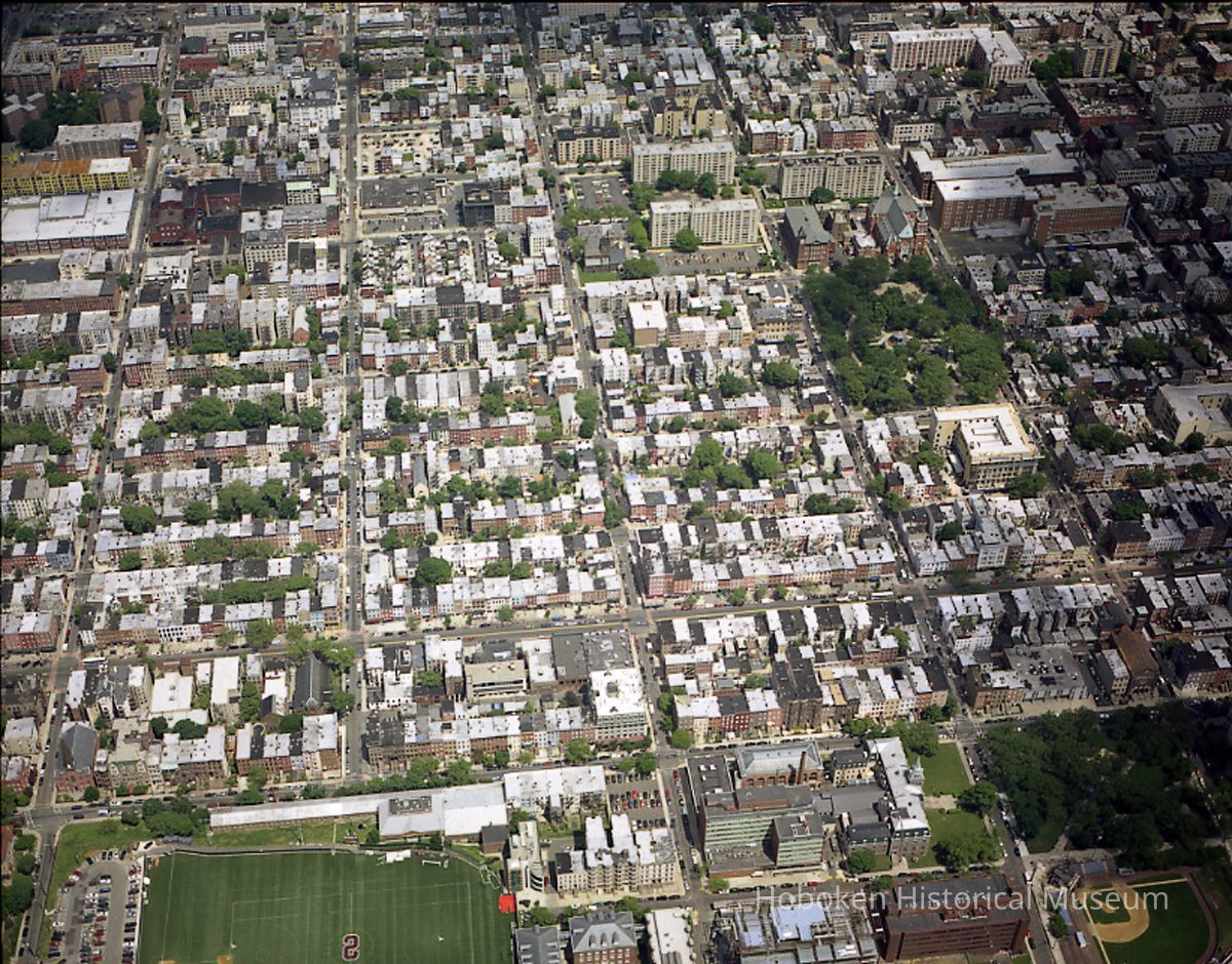 Digital reference image of color aerial view of Hoboken, June 6, 2003. Image number 8586. Photographer, Lee Ross, 
