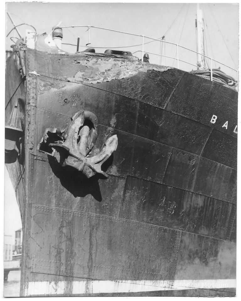 B+W photo of bow damage before repairs to port side to the S.S. Balfen before repairs, Hoboken, no date, ca. 1935. picture number 1