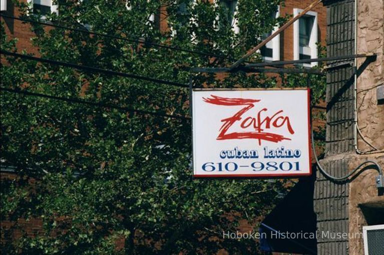 Color photo of hanging double-sided sign for Zafra Restaurant, 301 Willow Avenue, Hoboken, Sept., 1-5, 2001. picture number 1