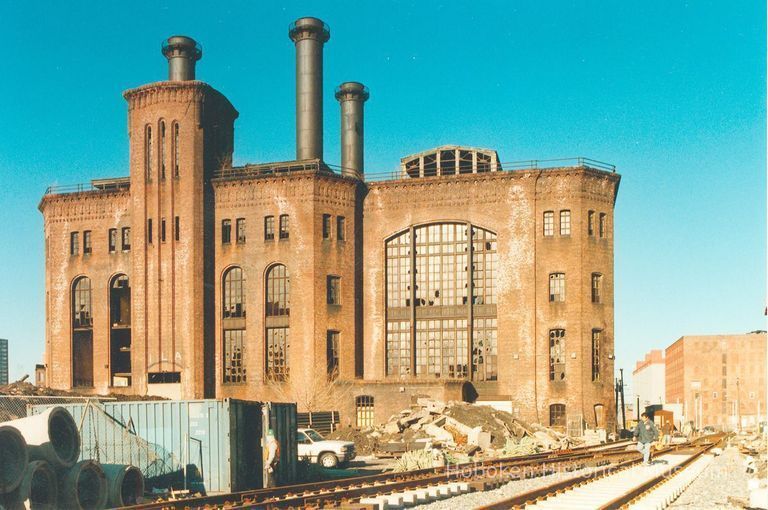 Digital image of color photo of the exterior of the former Hudson & Manhattan Rail Road powerhouse, Jersey City, March, 2000. picture number 1