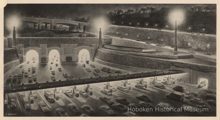 B+W photo of an artist's illustration of night view of Lincoln Tunnel N.J. toll plaza, n.d., ca. mid-1950s. picture number 1