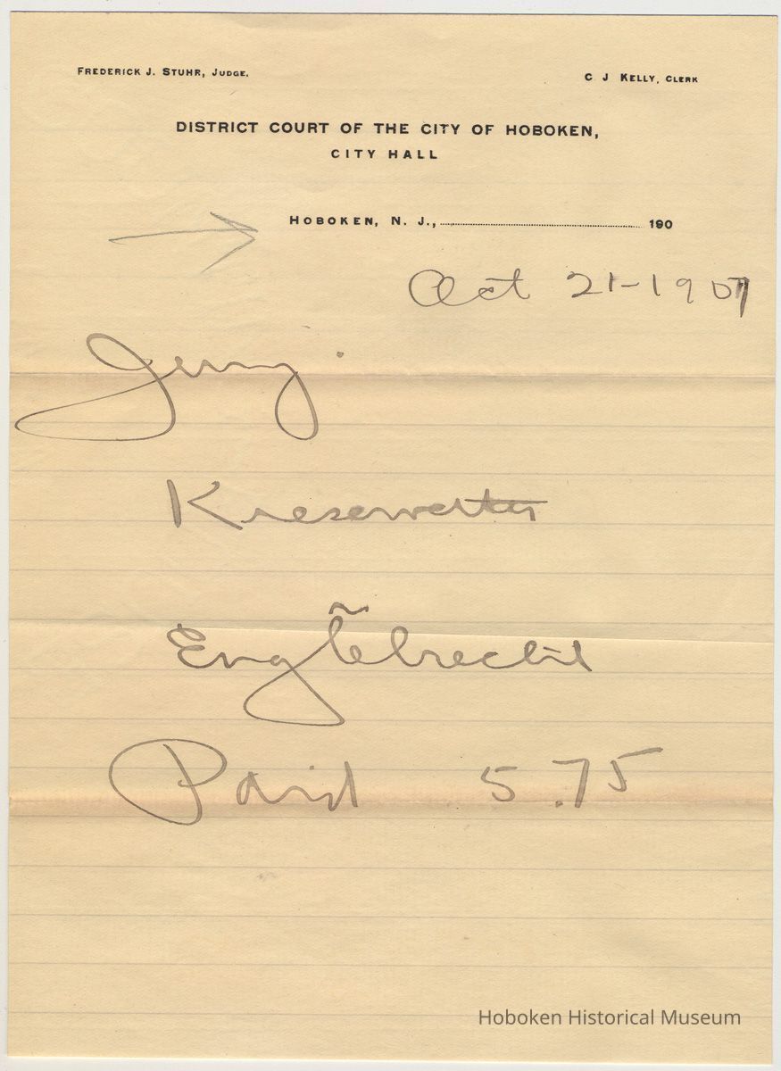 Receipt from District Court of the City of Hoboken, City Hall, Oct. 21, 1907. picture number 1